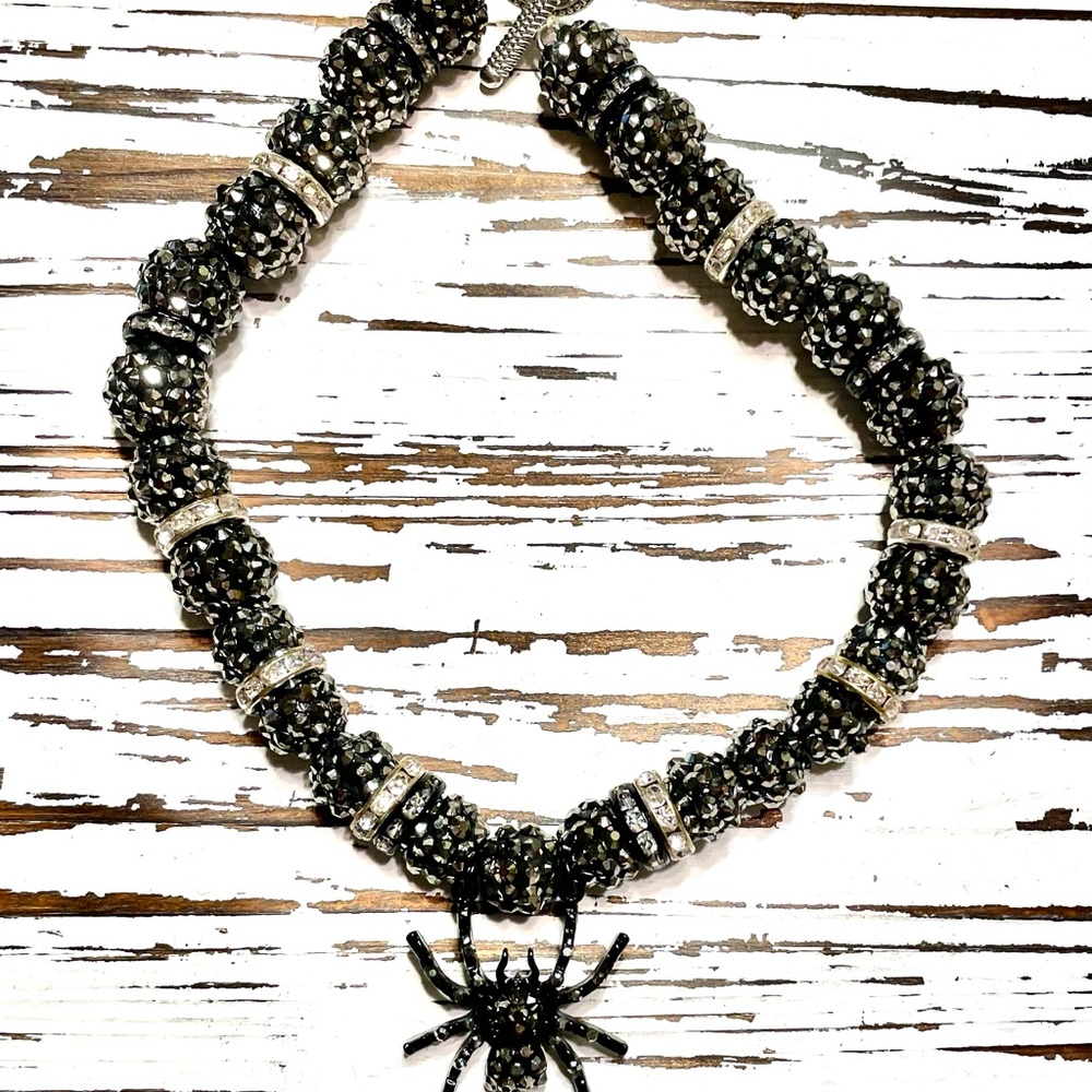 Black and Silver Beaded Pet Necklace with Spider Pendant